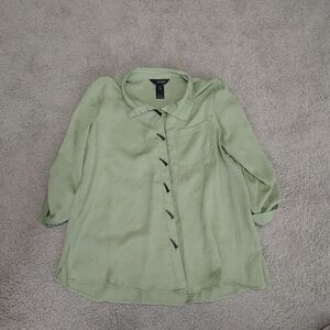Ali Miles Blouse Shirt PL Green Textured Button Front 3/4 Sleeve Wired Collar